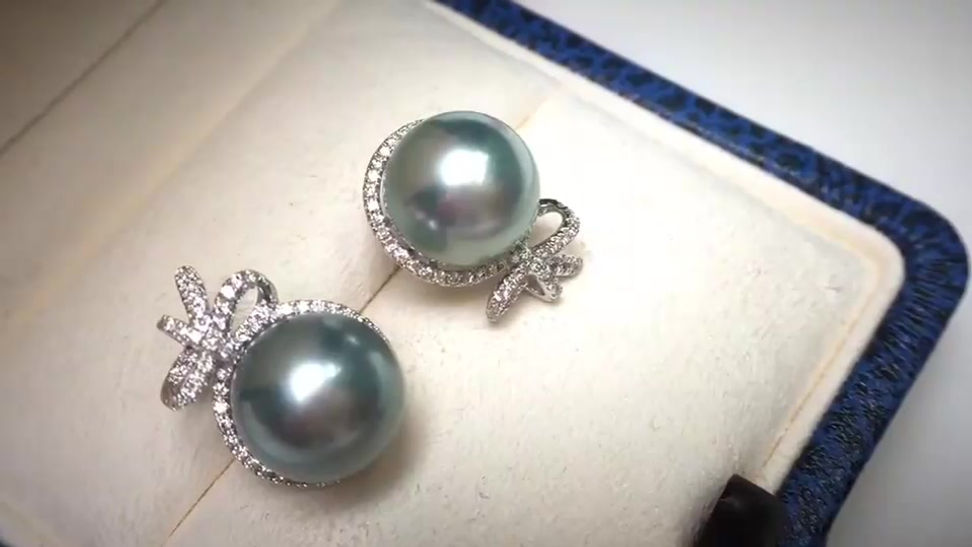 10-11mm Tahitian Pearl Earrings, 18k White Gold w/ Diamond - AAAA